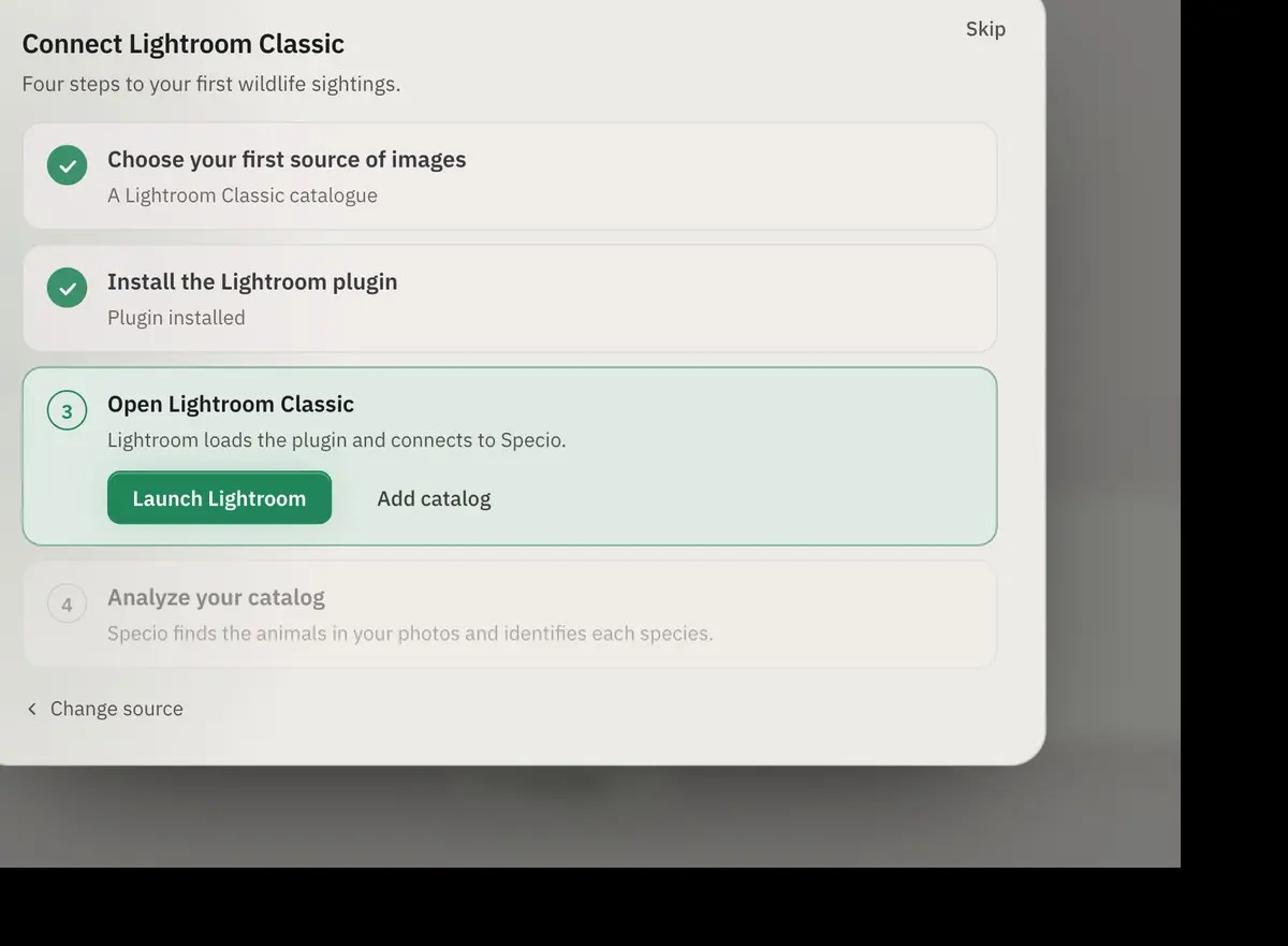 Specio's first-run wizard for Lightroom Classic: choose the source, install the plug-in, open Lightroom, analyse the catalogue