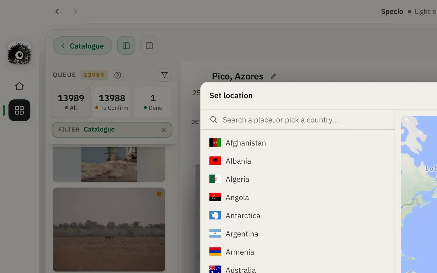 The location picker: a search field for places, a list of countries, and a map with a pin to adjust