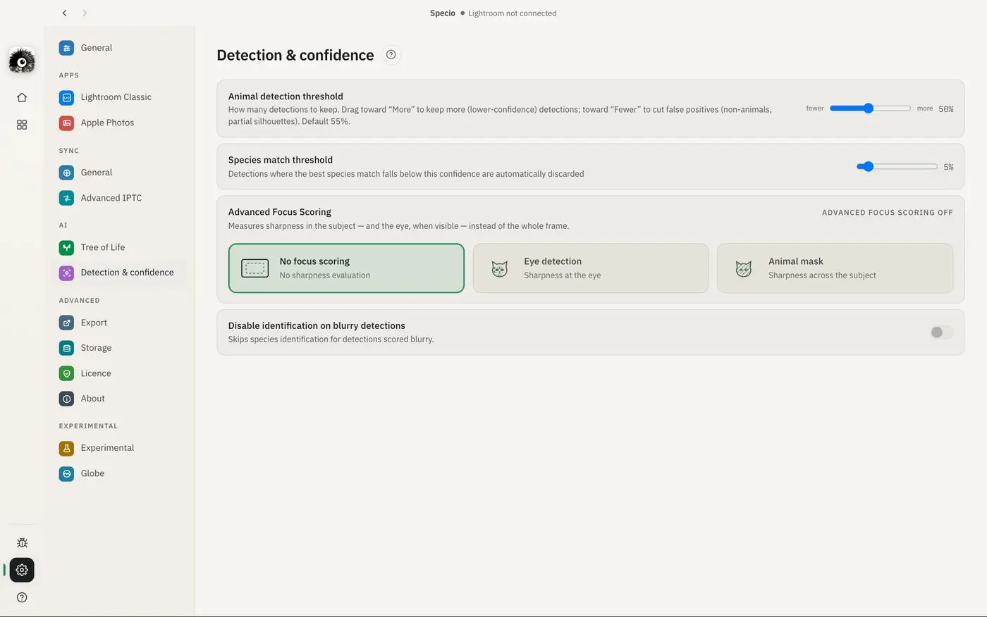 Specio's Detection & confidence settings: the two thresholds, the three focus-scoring choices, and the option to skip identification on blurry detections