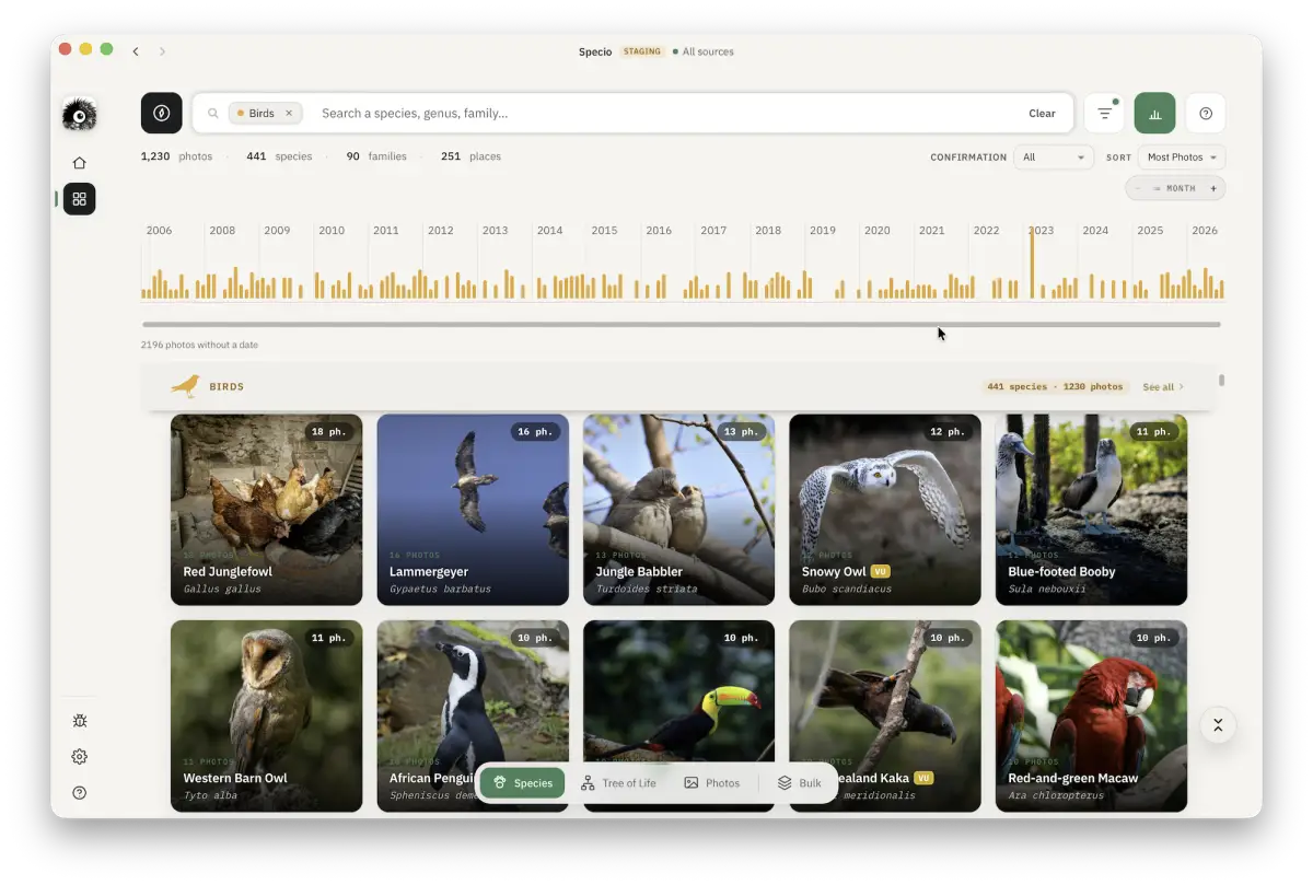 Specio species exploration — every species you photographed, as a grid of your best shots